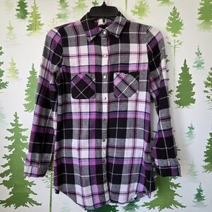No Boundaries Plaid Shirt - Black, White, and Pink.